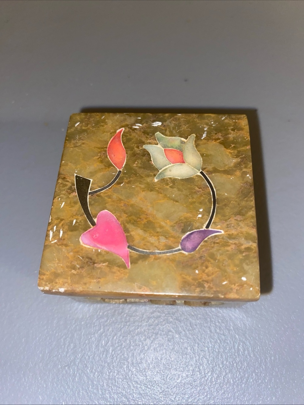Vintage Floral Stone Trinket Box - Multicolor Inlay